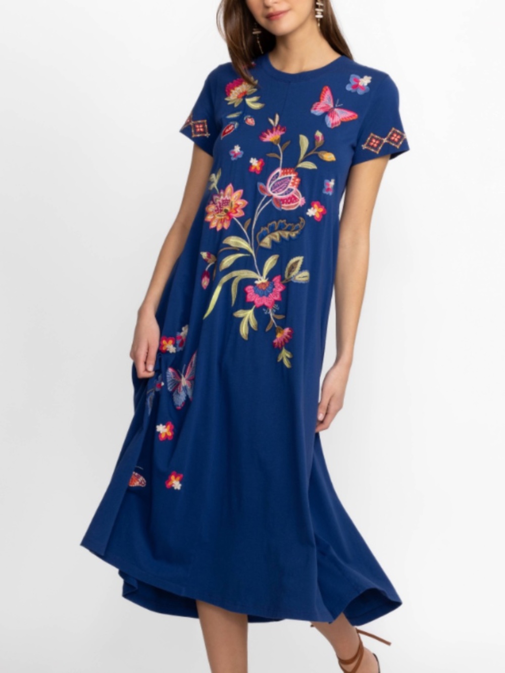 Johnny Was Gracey Crew Neck Embroidered Swing Midi Dress Sailor Blue 100% Cotton